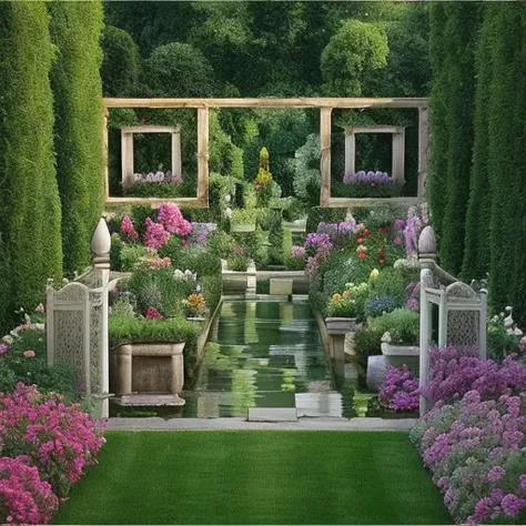 there is a painting of a garden with a fountain and flowers