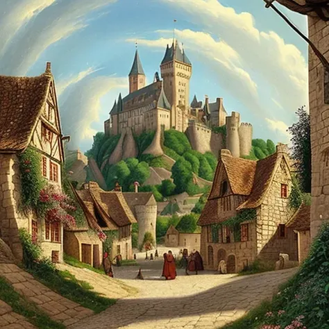 painting of a castle on a hill with a cobblestone road