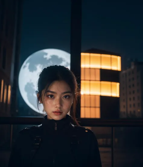 a woman standing in front of a large moon in the sky