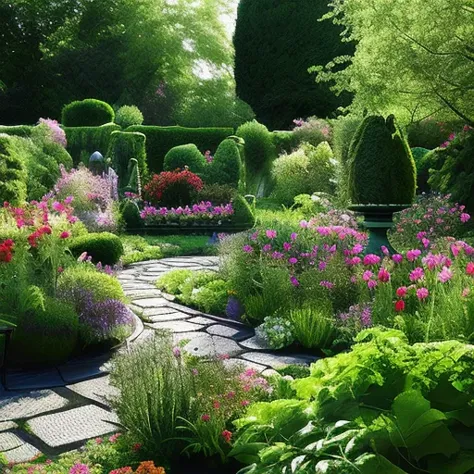 arafed garden with a stone path and various flowers