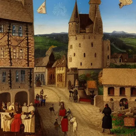 painting of a town with a castle and a horse and carriage