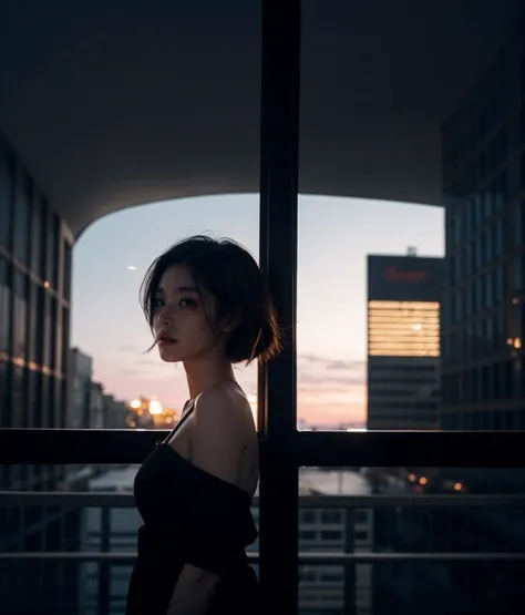 a woman standing in front of a window looking out at the city