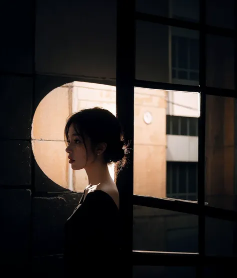 arafed woman looking out of a window at a building