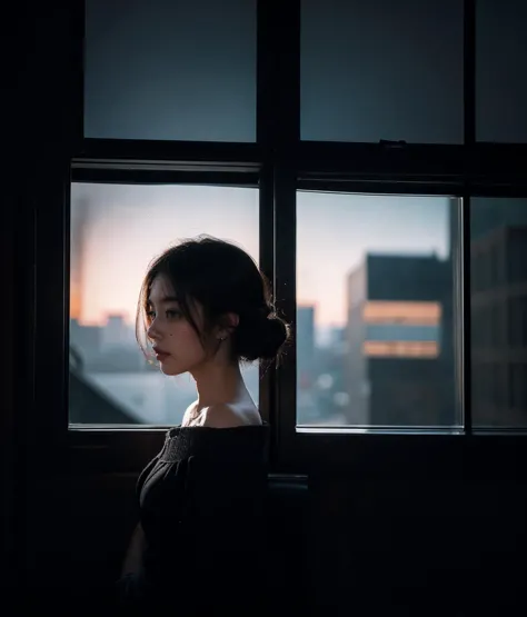 a woman looking out a window at the city at night