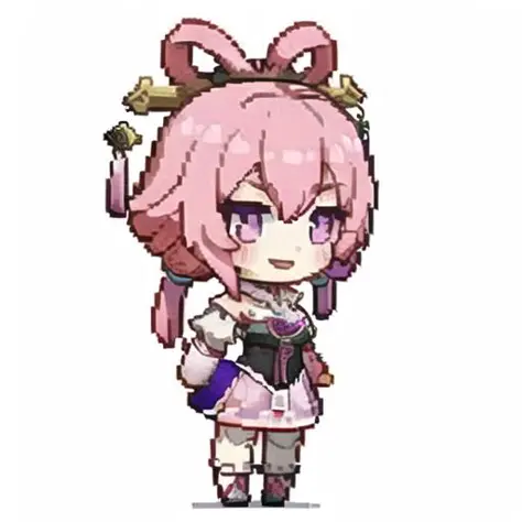 masterpiece, best quality, best 8k wallpaper,(Chibi),
1girl, solo, small breasts, pink hair, fuxuan,
blush, smile, head, 
white background, pixel