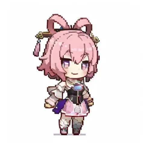 masterpiece, best quality, best 8k wallpaper,(Chibi),
1girl, solo, small breasts, pink hair, fuxuan,
blush, smile, head, 
white background, pixel