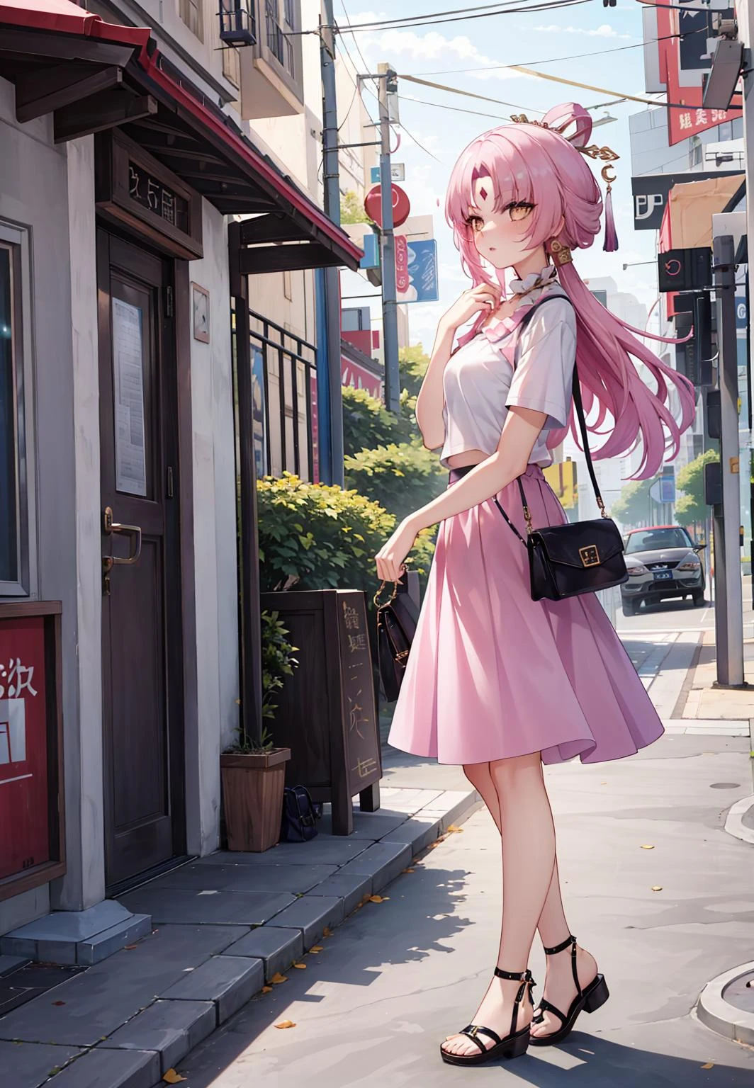 ((masterpiece,best quality)), highres, 1girl, fuxuan, shirt, short sleeves, midi skirt, bare legs, sandals, handbag, walking, street, from side,