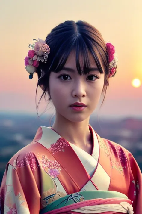 1girl,(wearing a gorgeous floral pattern kimono:1.2),(RAW photo, best quality), (realistic, photo-realistic:1.4), masterpiece, an extremely delicate and beautiful, extremely detailed, 2k wallpaper, Amazing, finely detail, extremely detailed CG unity 8k wallpaper, ultra-detailed, highres, soft light, beautiful detailed girl, extremely detailed eyes and face, beautiful detailed nose, beautiful detailed eyes,cinematic lighting,(on a mountain top,sunrise,new year sunrise),perfect anatomy,slender body,
 <lora:shiraishisei_lora:0.8>(medium hair)