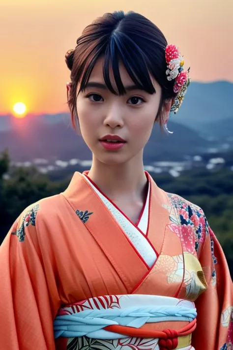 1girl,(wearing a gorgeous floral pattern kimono:1.2),(RAW photo, best quality), (realistic, photo-realistic:1.4), masterpiece, an extremely delicate and beautiful, extremely detailed, 2k wallpaper, Amazing, finely detail, extremely detailed CG unity 8k wallpaper, ultra-detailed, highres, soft light, beautiful detailed girl, extremely detailed eyes and face, beautiful detailed nose, beautiful detailed eyes,cinematic lighting,(on a mountain top,sunrise,new year sunrise),perfect anatomy,slender body,
 <lora:shiraishisei_lora:0.8>(medium hair)