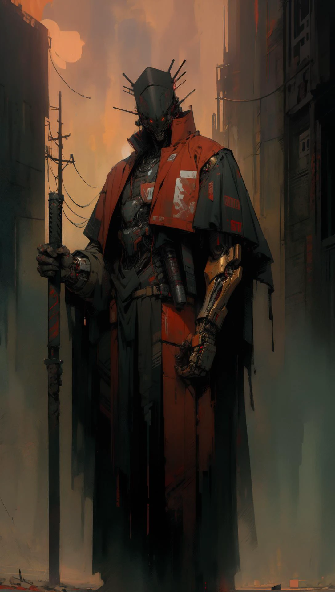 derpd, assassin cyborg mortel portant des robes armure, danger, ciel rouge,post-apocalypse 