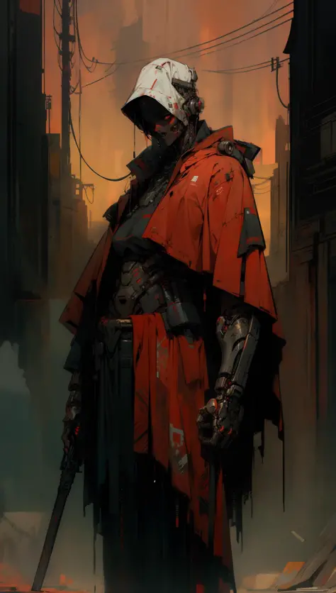 derpd, lethal cyborg assassin wearing robes armor, danger, red sky,post apocalypse <lora:derpd - DerpdeedooStyle:0.8> <lyco:EnvyAssassin01:0.7> <lora:nijiarmor:0.6>