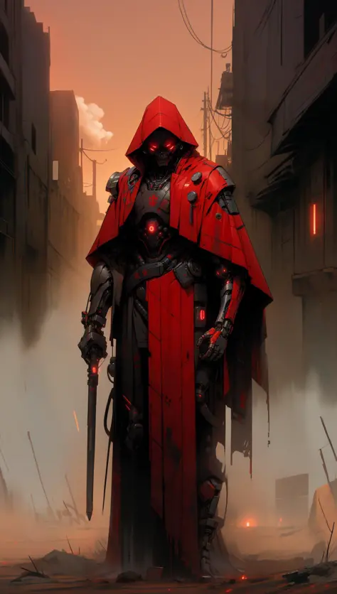 derpd, lethal cyborg assassin wearing robes armor, danger, red sky,post apocalypse <lora:derpd - DerpdeedooStyle:0.8> <lyco:Envy...