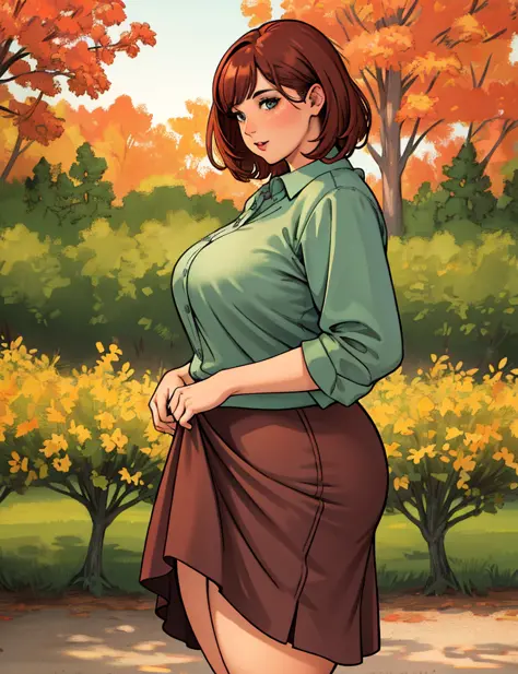 woman at the autumn park, wearing a flared short skirt and blouse, (chubby curvy body frame and weight), taken from the side, lo...
