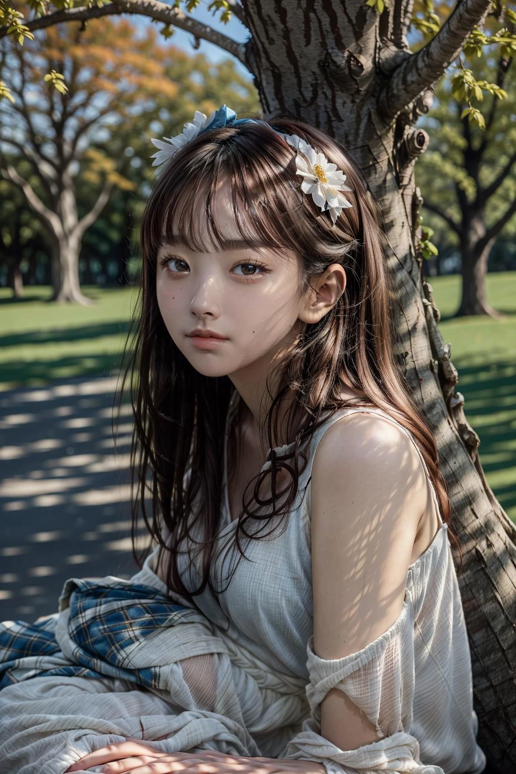 portrait, a woman looking at the sky and sitting under a big tree at a beautiful park, shadow, daylight, blue sky, clouds, wearing white floral dress, bangs hairstyle, long hair, bow, soft smile, petals falling, autumn, 