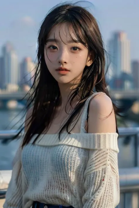 Best quality, masterpiece, ultra high res, (photorealistic:1.4), sharp focus, bokeh, (close-up:1.3), 1girl, leogirl, a young woman walking by the Han River, sunlight, blue sky, clouds, <lora:KwonAhreum:1>, bangs, black off-shoulder sweater, slim-fit pants, posing for a picture,