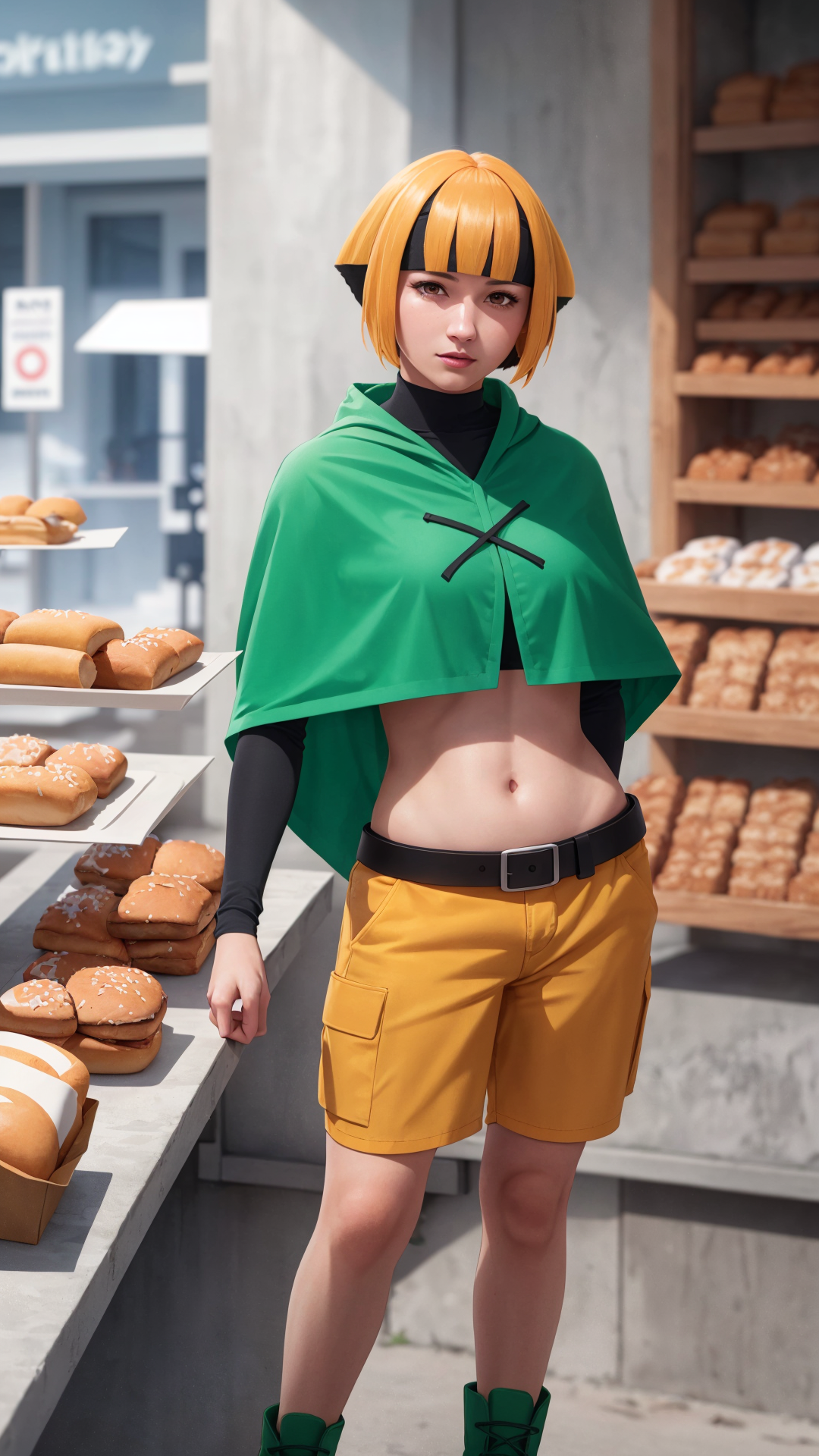 Anime cosplay of a man in a green cape and yellow shorts - SeaArt AI