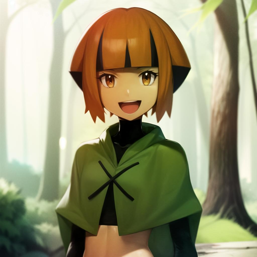 A close up of a person in a green cape and a forest - SeaArt AI