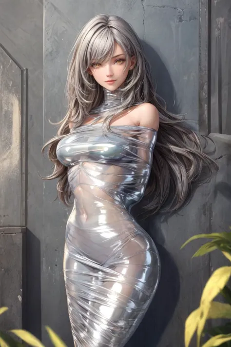 ((masterpiece)), (best quality), ah1, perfect anatomy, detailed skin, highly detailed, absurdres, (highres:1.1), perfect lighting,
1girl, solo, 
(mummified, mummification \(bound\), restrained, off shoulder,:1.3),
light smile, (transparent:1.4), (shiny clothes,latex, skin tight, tight clothes:1), 
very long hair, (shiny skin, oiled:1.2), 
stelle hsr, 
gray hair,long hair,yellow eyes, large breasts, 
<lora:add_detail:1> <lora:hairdetailer:0.3> <lora:stelle_hsr:0.6> <lora:mummification13:1>