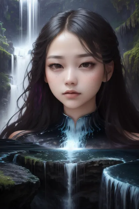 amazing (close up portrait (in perspective: 1.3)) of (only one young woman: 1.5) with straight hair and a far waterfall in the b...