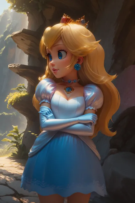 highres, masterpiece, perfect ligthing, bloom, cinematic lighting, adult, perfect skin, female, from side, cowboy shot, smile, narrow waist, skinny,  <lora:PrincessPeachMovie:0.6>, (PrincessPeach), (Princess Peach), (Blue Dress:1.2), detailled eyes, blue eyes, choker, sensual, mushrooms,mushroom kingdom, pink lips, ((glossy lips)), pursed lips, pink pumps, glossy skin, oily skin, beautiful light, (day:1.3), bright,<lora:PrincessPeachMovie-000004:0.5>