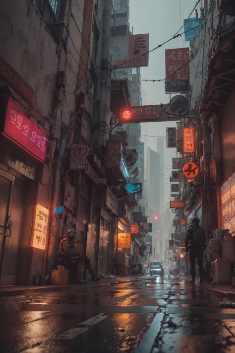 lonely ally in Seoul, cyberpunk city from sci-fi movie, empty street, Korean, Korean signs, intricate, hyper-detailed, realistic...