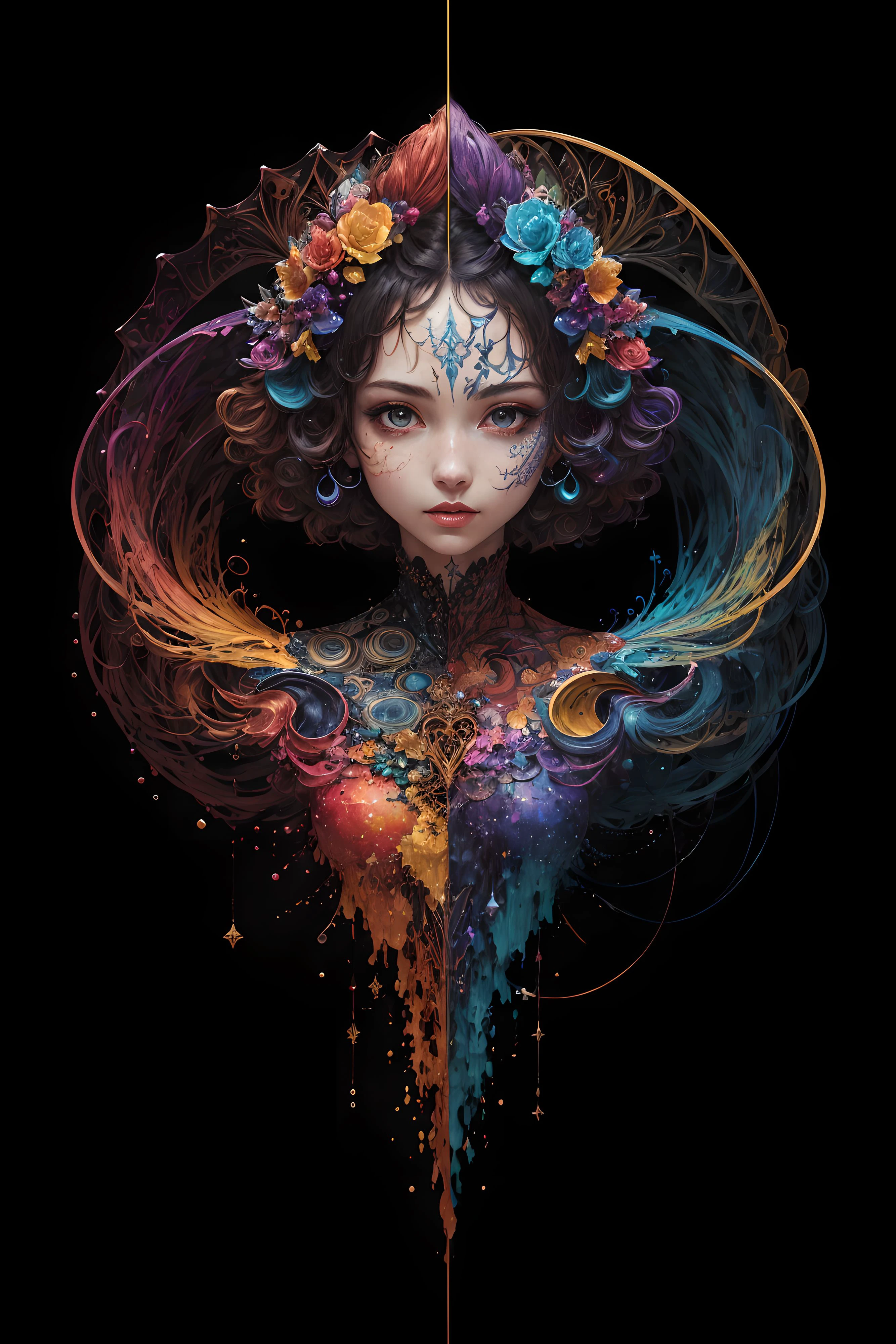 (masterpiece, top quality, best quality, official art, beautiful and aesthetic:1.2), (1girl:1.3), extremely detailed,(fractal art:1.2),colorful,highest detailed,(zentangle:1.2), (dynamic pose), (abstract background:1.5), (treditional dress:1.2), (shiny skin), (many colors:1.4), upper body, masterpiece, best quality,high quality,highres, 16K,RAW,ultra highres,ultra details,finely detail,an extremely delicate and beautiful,extremely detailed,real shadow, anime,highly detailed painted,award winning glamour paintting,wonderful paintting,art style,stylized,