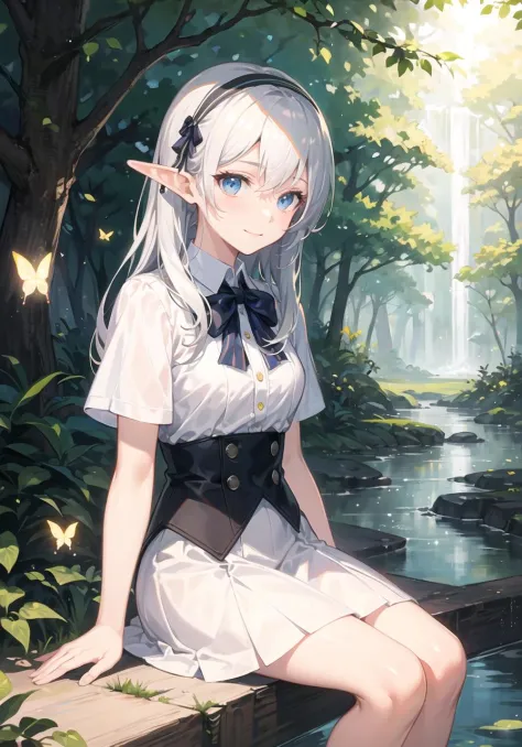 ((masterpiece)), expressionless, (((best quality))), ((illustration)), 
1girl, elf, ((solo)), (detailed face), (beautiful detailed eyes), light eyes, blue eyes, ((disheveled hair)), silver hair, full body,
smile, blank stare, sitting, ((looking to the side...