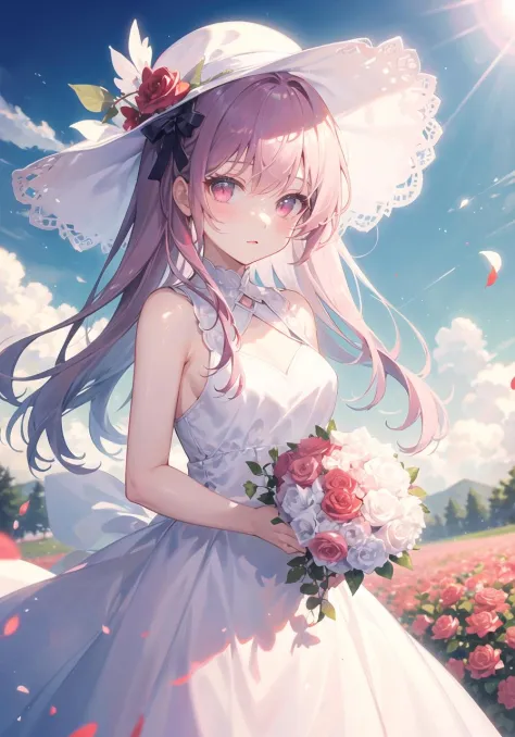 ((masterpiece, best quality)), 1girl, flower, solo, dress, holding, sky, cloud, hat, outdoors, bangs, bouquet, rose, expressionless, blush, pink hair, flower field, red flower, pink eyes, white dress, looking at viewer, midium hair, holding flower, small b...
