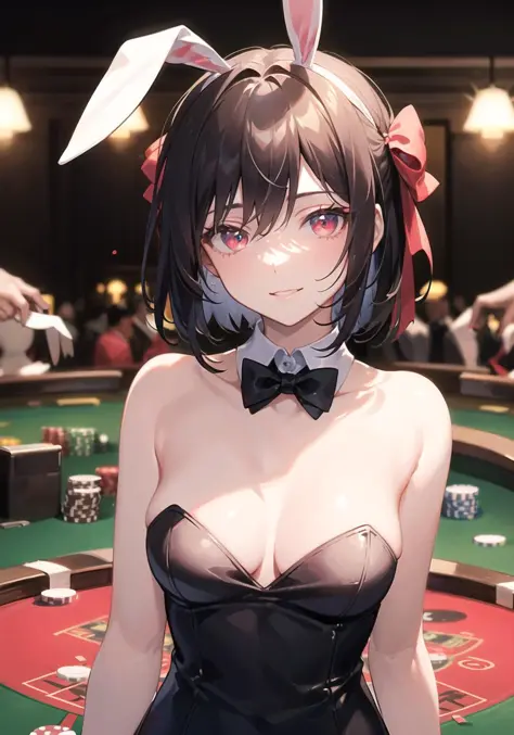 (masterpiece),(best quality),(high detail),(illustration),
1girl,solo,light smile,(((upper body))),(an extremely delicate and beautiful girl),(beautiful and detailed face),(((medium breasts))),(((bunny girl))),(bowknot),black bunnysuit, floating black hair...