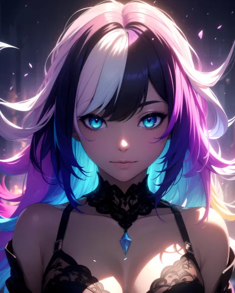 {{masterpiece}}, best quality, extremely detailed CG unity 8k wallpaper, cinematic lighting, lens flare, beautiful detail eyes, black, lingerie, white lace bra, multicolor hair, colorful light, particles, heterochromia, (colorful:1.5), (colorful hair:1.5)