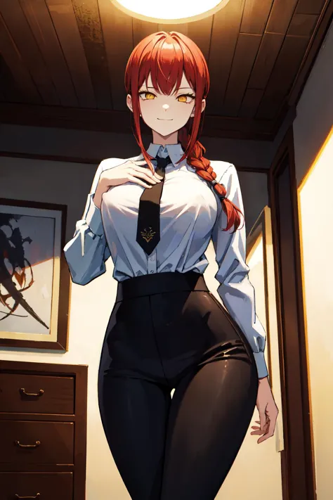 anime girl in a shirt and tie posing in a room