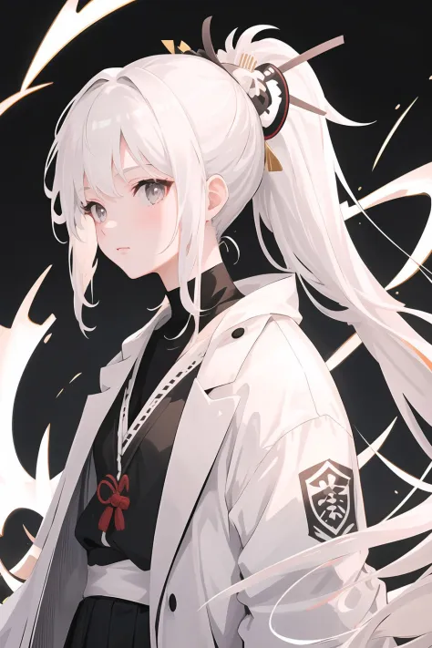 realistic, portrait, 1 girl, samurai, white hair, ponytail, white coat, black shirt