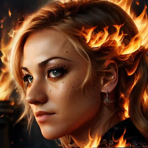 (extremely detailed 8k wallpaper), a medium shot photo of a demonic sorceress as yvonne strahovski conjuring fire in a burning a...