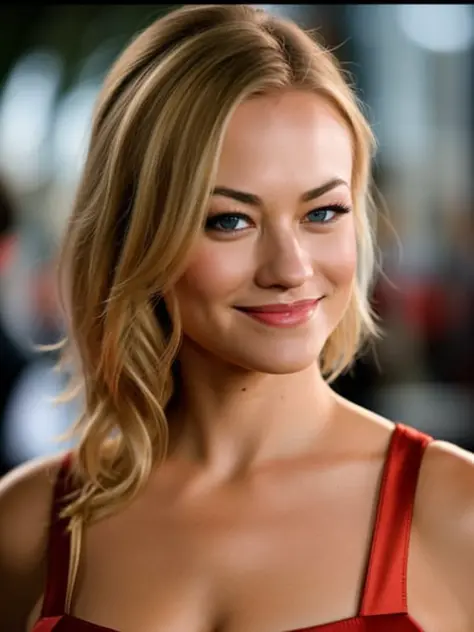 ((realism)), extremely high quality RAW photograph, detailed background, intricate, Exquisite details and textures, highly detailed, Photo of (Yvonne Strahovski) on the red carpet, looking over shoulder to camera, smile, Looking behind the camera, ultra detailed photograph, warm lighting, artstation, 4k, sharp focus, high resolution, detailed skin, detailed eyes, 8k uhd, dslr, low harsh lighting, high quality, film grain, Fujifilm XT3,