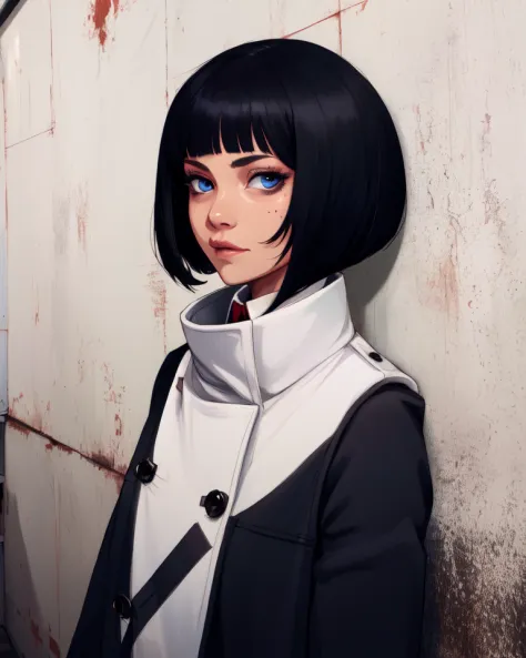 Harriet,blue eyes,black hair,very short bob cut,
long sleeves,coat,
standing,upper body,looking at viewer,
stage,black and white walls,
(insanely detailed, beautiful detailed face, masterpiece, best quality) solo,<lora:Harriet:0.8>,