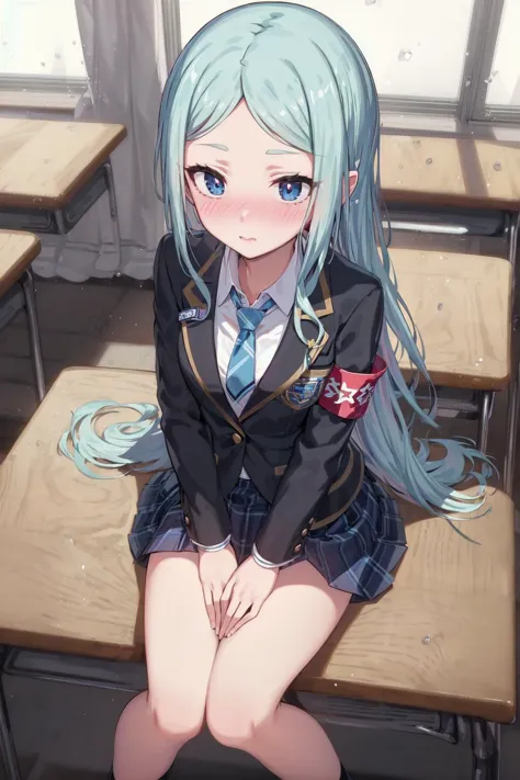 anime girl sitting on a desk in a classroom with a blue hair