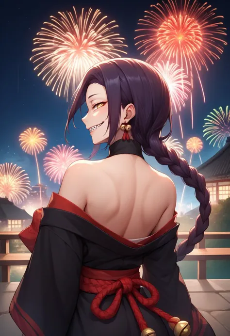 a woman with long hair and a black dress is standing in front of fireworks