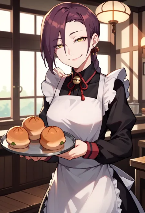 anime character holding a tray of food in a kitchen