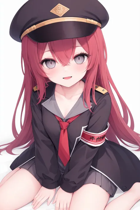 1girl, hat, solo, red hair, necktie, armband, long hair, looking at viewer, red necktie, military hat, blush, grey eyes, sitting...