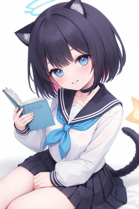 1girl, animal ears, tail, cat tail, solo, skirt, cat ears, black hair, school uniform, halo, cat girl, sailor collar, serafuku, long sleeves, book, holding, sitting, shirt, blue skirt, holding book, white shirt, white background, looking at viewer, blue sailor collar, bangs, pleated skirt, short hair, multicolored hair, choker, head tilt, simple background, neckerchief, parted lips, black choker, tail raised, blush, smile, blue neckerchief