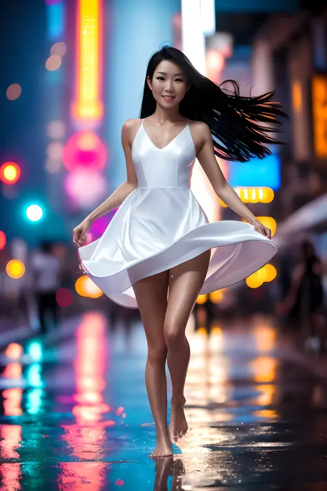 masterpiece, vibrant, dramatic, sharp focus, 8k, slim asian woman, half-wet pure white dress, long black hair, intricate shiny b...