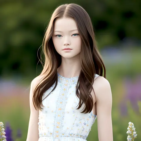 masterpiece, sharp focus, ultrarealistic, (full body), teenage Mackenzie Foy, Interstellar, beautiful intricate face, intricate hair, simple short dress, outside, field of flowers