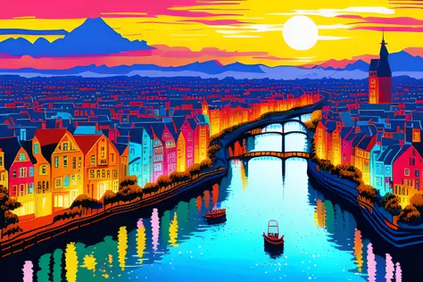 masterpiece, best quality, (bright vivid colors | art by acrylic pouring | 2d minialist vector illustration), city, river, sunse...