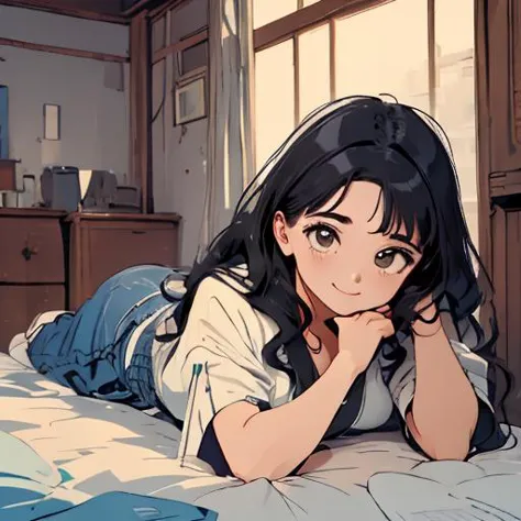 anime girl laying on bed with her chin resting on her hand