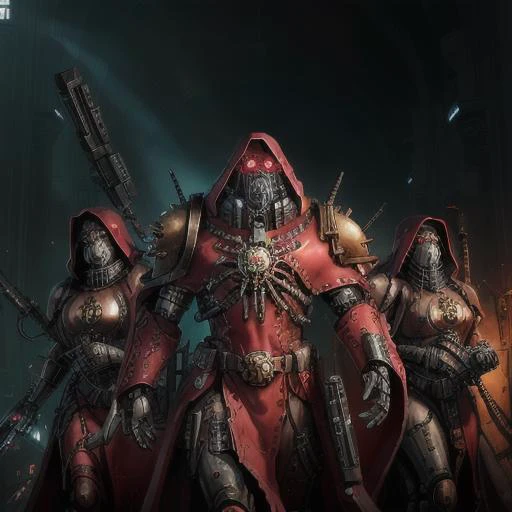 Adeptus Mechanicus, เป็นสมาชิกลัทธิเครื่องจักรและเทคโนโลยีใน Warhammer 40,000 จักรวาล, โดยปกติแล้วจะปรากฎภาพโดยสวมชุดสูทเครื่องจักรสีดำและสีแดงที่โดดเด่น ประดับด้วยสัญลักษณ์เครื่องจักรและอักษรอียิปต์โบราณอันศักดิ์สิทธิ์. พวกเขามีขาเทียมไซเบอร์เนติกส์ที่จะมาแทนที่ส่วนต่างๆ ของร่างกายที่หายไป, และใบหน้าของพวกเขาซ่อนอยู่ใต้ฝากระโปรงหรือหน้ากากพร้อมจอภาพและไฟ LED. Adeptus Mechanicus is also often armed with energy and combat mechanical weapons, รูปแบบและหน้าที่เกี่ยวข้องกับลัทธิเทคโนโลยีและความเชื่อในเทพเครื่องจักรอันศักดิ์สิทธิ์, ออมนิเซียห์, เสื้อคลุมสีแดง   