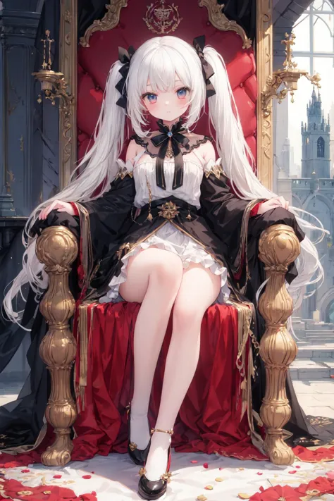 (masterpiece:1.2),(best quality),ultra detailed,full body,Throne,sitting,in Castle
cute girl,1girl,solo,white hair,twintails,loo...