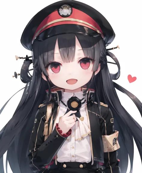 anime girl with long black hair wearing a black uniform and a red hat