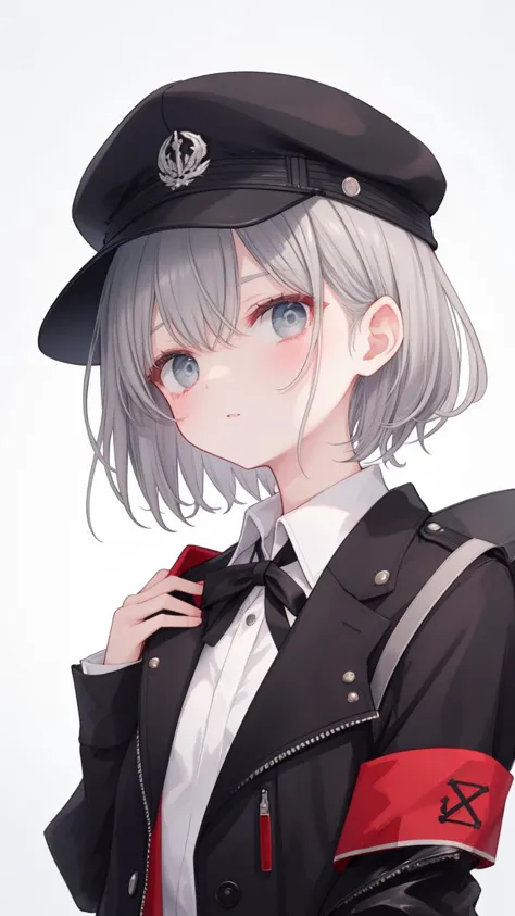 from_below,flat_cap,gray hair,(The upper body is wearing a black jacket,Shoulders exposed),dress_shirt,short hair,a cold gaze,