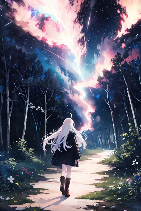 high quality wallpaper, official wallpaper, masterpiece, best quality, 8k, from above, (bright colors:0.8), ultra-detailed, illustration, impasto, painting, full body, 1girl, white long hair, ahoge, blue eyes, forest, mystery, mysterious forest, girl investigator, tall boots, starry sky, stars, nebula, walking, walking through the forest, relaxed expression, night, nebula sky, pale skin
