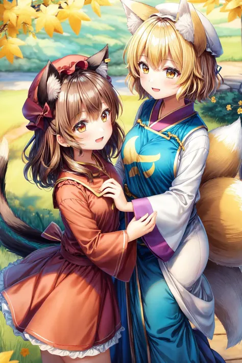 ((masterpiece)), ((best quality)), ((extremely detailed)), prefect lighting, illustration, high-res, nature, outdoor, countryside, tahara trail, forest, shrine wonderland 
AND 
(2girls hand in hand), Chen, brown hair, short hair, mob cap, animal ears, earrings, 2+black cat tail, red dress, bow 
AND 
(2girls hand in hand), Chanta, fox_girl, matured, fox ears, white cap, (fox_tail, 9+tails):2, yellow short hair, smile, enchanting expressionless, long kimono, blue tabard, dress, very long sleeves, white boots, calligraphy, amulet, talisman, written charm, size difference:0.65.
<lora:add_detail:0.7> <lora:Chanta_LoRA-02:0.4> <lora:chen:0.4>